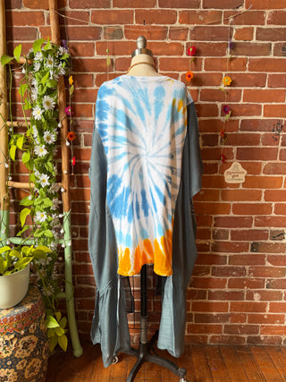 Grateful Dead Sunflower Inspired Tie Dye Teal Embroidered Hi Lo Top