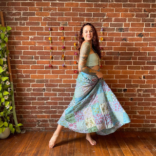 Blues - Yoga Waistband Patchwork Boho Festival Skirt / Dress