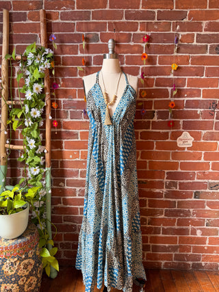 Size Small-Medium Blue Black Meadow Mosaic 100% Cotton Halter Dress - Fair Trade Made