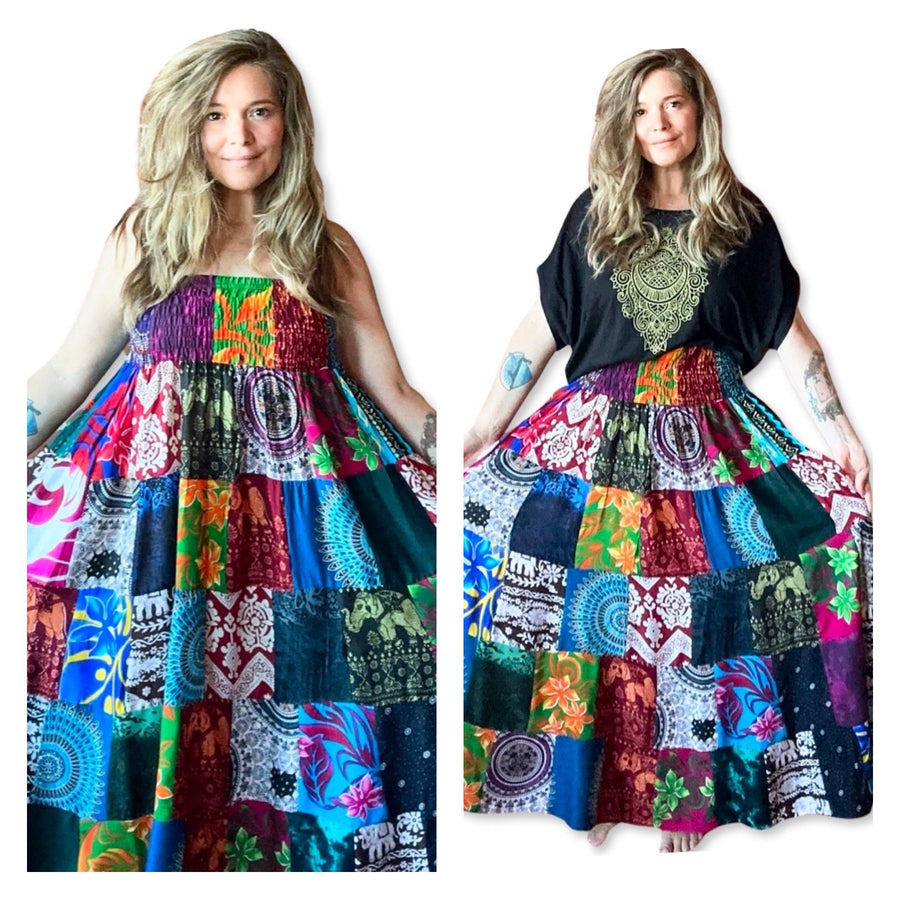 Free Size. The Tula Skirt / Dress -Ruched Waistband Patchwork Boho Festival Spin Skirt / Dress