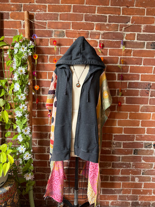 OOAK Autumn Collection- Upcycled Hi Lo Kantha Rock Painting Hoodie Poncho