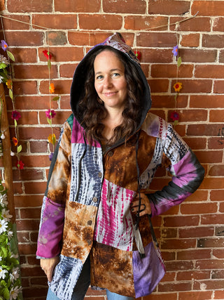 Autumn Stroll Tie Dye Fleece Lined Patchwork Hoodie Jacket