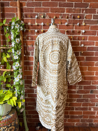 Gold + White Mandala Long Tapestry Robe Kimono with Pockets and Belt
