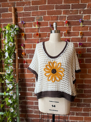 Bohemian Spring Flower Crochet Crop Top 🌻 Brown White Yellow