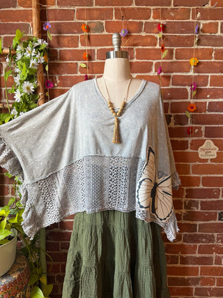 OOAK Summer Collection - Upcycled Luna Butterfly Flowy Trapeze Style Top 🦋 Stone Gray
