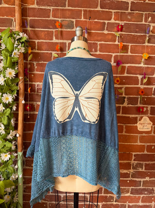 OOAK Summer Collection - Upcycled Luna Butterfly Flowy Trapeze Style Top 🦋 Slate Blue