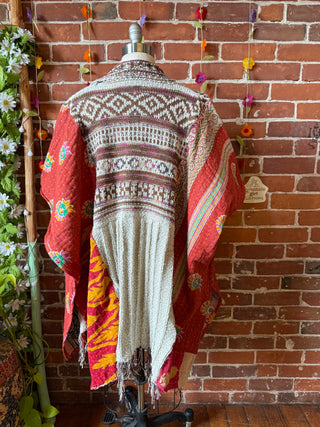 OOAK Autumn Collection- Knit Geometric + Kantha Upcycled Cardigan Poncho