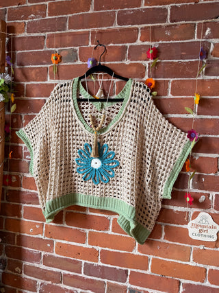 Blue/Green Festival Flower Crochet Overlay Top 🌼