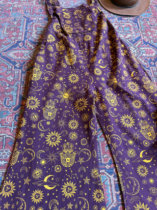 Celestial Sun Moon Stars Flare Leg Overalls - 100% Cotton