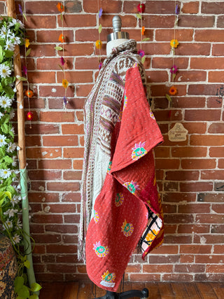 OOAK Autumn Collection- Knit Geometric + Kantha Upcycled Cardigan Poncho
