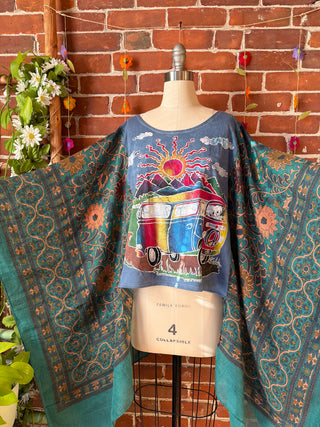 OOAK Autumn Collection- Batik Hippie Bus Teal Boho Print Hi Lo Poncho Top