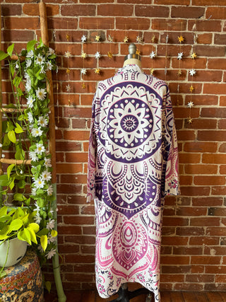 Purple Pink Mandala Long Tapestry Robe Kimono with Pockets and Belt