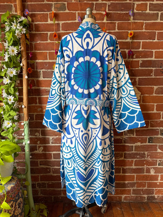 Bright Blue Mandala Long Tapestry Robe Kimono w/ Pockets + Belt - Fair Trade Made