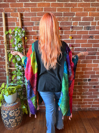 AC/DC Inspired Upcycled Silk Patchwork Tie Dye Hi Lo Poncho Top