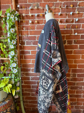 OOAK Winter Collection- Upcycled Pink Floyd Inspired Kantha Hi Lo Poncho Sweatshirt