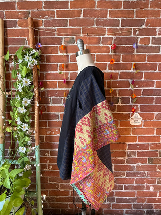 OOAK Autumn Collection- Upcycled AC/DC Inspired Kantha + Plaid Poncho Tee