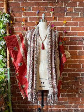 OOAK Autumn Collection- Knit Geometric + Kantha Upcycled Cardigan Poncho