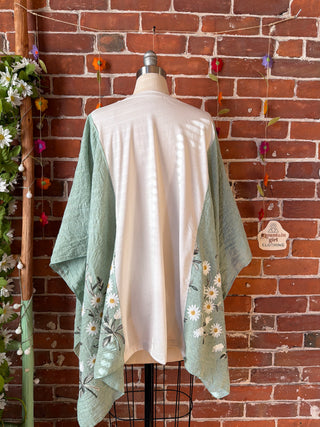 OOAK Autumn Collection- Pearl Classic Rock Inspired Green Daisy Embroidered Poncho