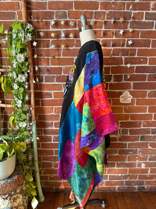 OOAK Winter Collection- Upcycled Silk Patchwork Tie Dye Guns N’ Roses Inspired Hi Lo Poncho Top