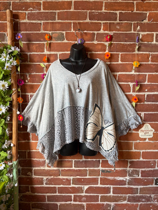 OOAK Summer Collection - Upcycled Luna Butterfly Flowy Trapeze Style Top 🦋 Stone Gray