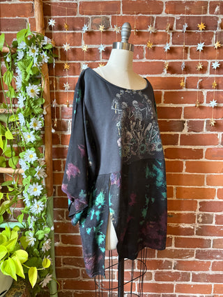 OOAK Winter Collection - Size Large Upcycled Dancing Skeleton Tie Dye Bell Sleeve Size Split Top