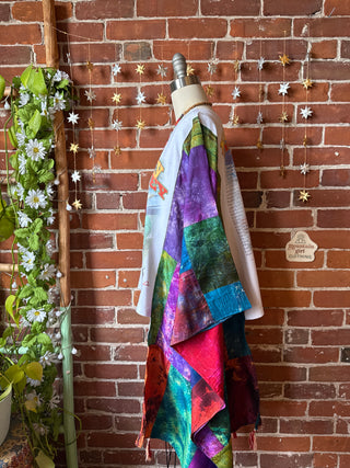 OOAK Winter Collection- Upcycled Silk Patchwork Tie Dye Country Music Cropped Inspired Hi Lo Poncho Top