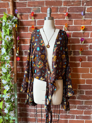 Brown Moon + Butterfly Celestial Cropped Bell Sleeve Wrap Top