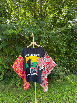 OOAK Summer Collection- Upcycled Peter Tosh Inspired Vintage Embroidered Flower Patch Kantha Poncho Tee