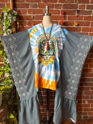 Grateful Dead Sunflower Inspired Tie Dye Teal Embroidered Hi Lo Top