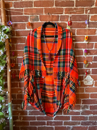 OOAK Autumn Collection- Vintage Upcycled Tartan Plaid Fringe Cocoon Shawl