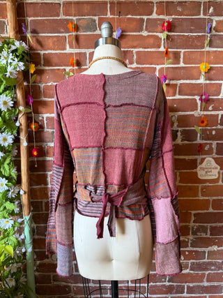 Moon Catcher Patchwork Knit Bell Sleeve Cropped Wrap Sweater - 100% Cotton - Fair Trade Made