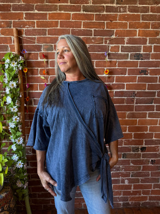 100% Cotton Afternoon Stroll Wrap Kimono Top - Dusty Blue