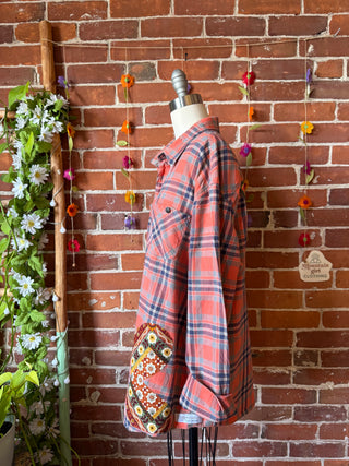 OOAK Autumn Collection- Unisex Size Upcycled Kantha Detail Button Up Plaid