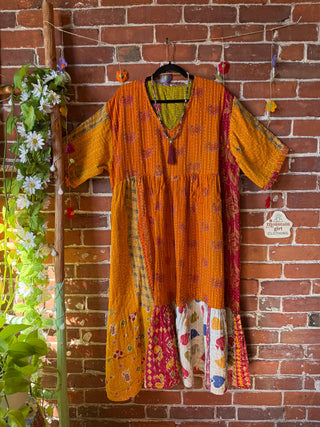 Coffee In The Morning Kantha Dress - Fits up to 3X - 100% Cotton- Fair Trade Made