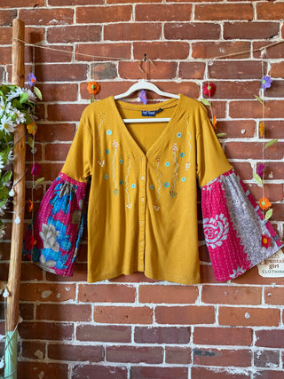 OOAK Autumn Collection- Upcycled Embroidered Kantha Bell Sleeve Cardigan Size Small