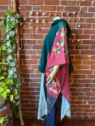 OOAK Autumn Collection- Upcycled Organic Cotton + Kantha Poncho Hi lo Hoodie