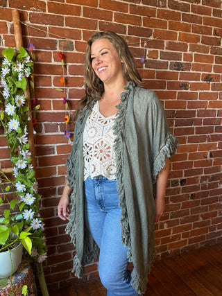 100% Cotton Gauze Boho Fringe Kimono Layer - Olive