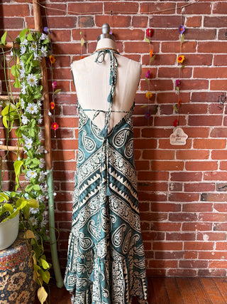 Size Small-Medium Teal Meadow Mosaic 100% Cotton Halter Dress - Fair Trade Made