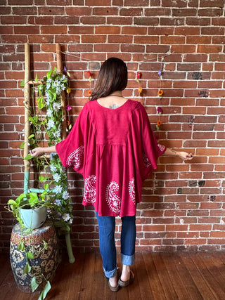 Paisley Artemis Batik Poncho Top - Faded Red