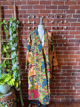 Tree of Life Tie Dye Long Tapestry Robe Kimono with Pockets and Belt