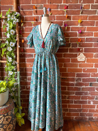 Size Small-Medium Blue Meadow Mosaic 100% Cotton Short Sleeve Dress - Fair Trade Made