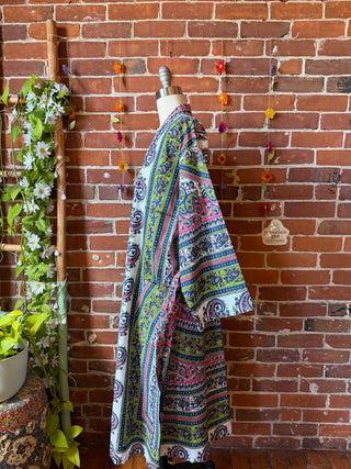 Paisley Purple Green Mandala Long Tapestry Robe Kimono w/ Pockets + Belt - Fair Trade Made