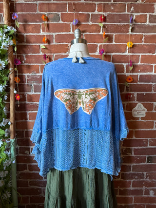 OOAK Summer Collection - Upcycled Luna Butterfly Flowy Trapeze Style Top 🦋 Blue