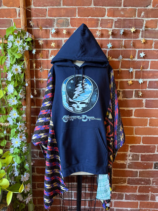 OOAK Autumn Collection- Upcycled Grateful Dead Inspired Kantha Poncho Hi lo Hoodie