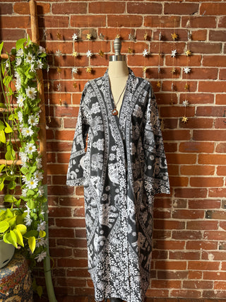 Black + White Mandala Long Tapestry Robe Kimono with Pockets and Belt