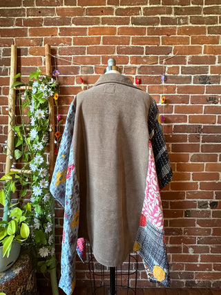 OOAK Autumn Collection - Upcycled Fleece + Kantha Button Up Poncho Jacket