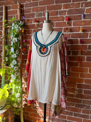 Upcycled Crochet Detail Kantha Poncho Top