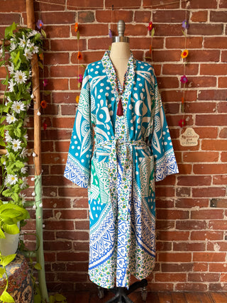 Bright Blue + Lime Mandala Long Tapestry Robe Kimono w/ Pockets + Belt - Fair Trade Made