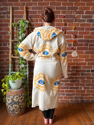 Evil Eye Golden/Blue 100% Cotton Hoodie Kimono Robe  - Fair Trade Made