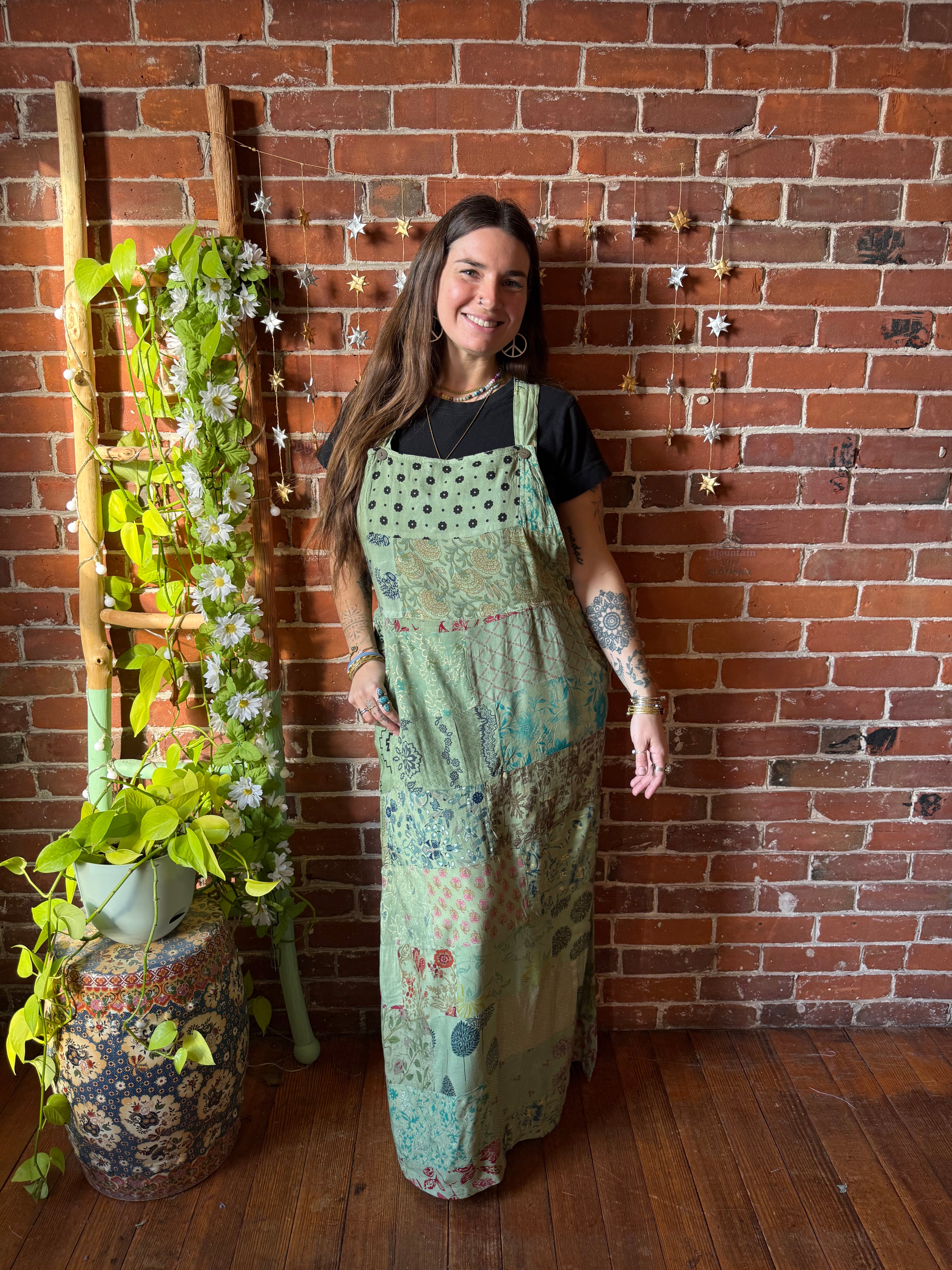 Solstice Flowy Patchwork Jumper Dress in Green Moss -Fair Trade Made Small Solstice Flowy Patchwork Jumper Dress in Green Moss -Fair Trade Made Small